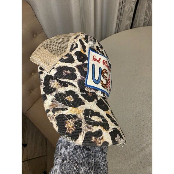 Leopard Print God Bless The USA Distressed Trucker Hat With Mesh Back - Picture 4 of 11